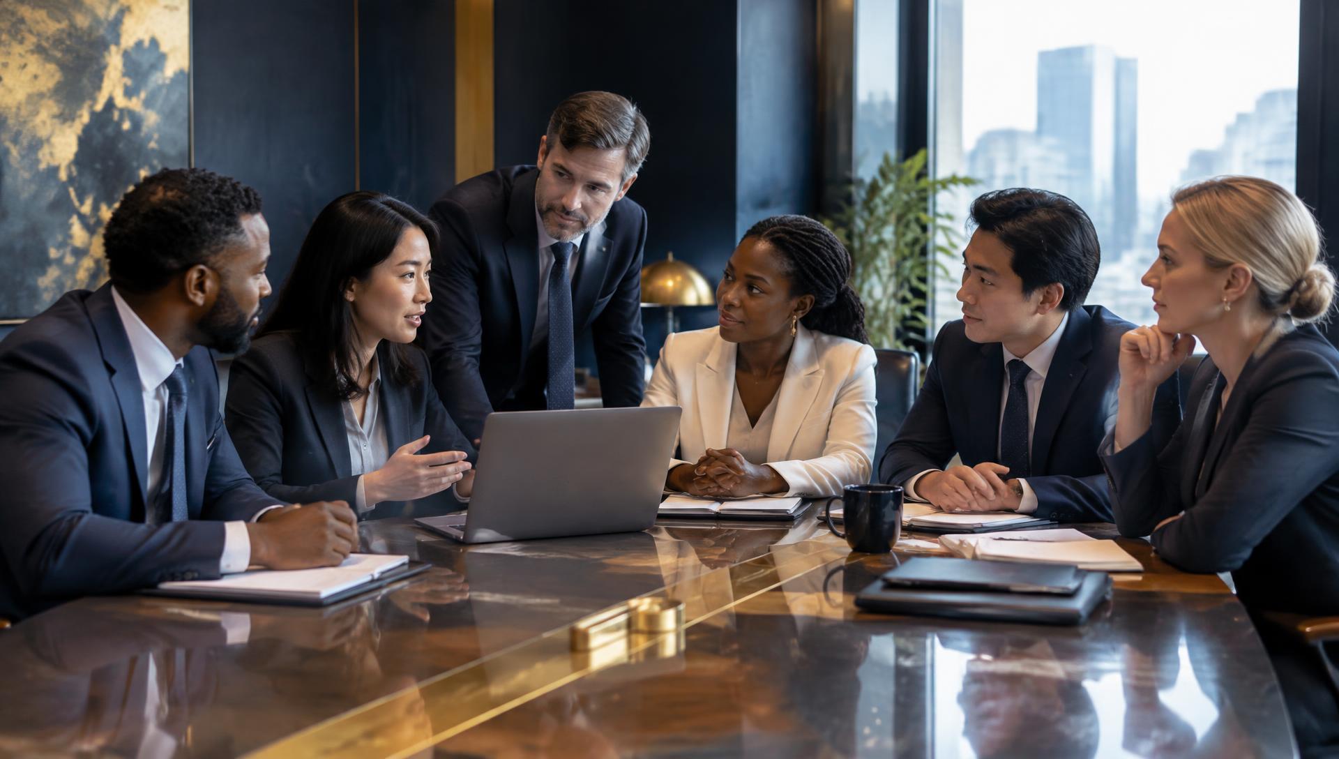 Leadership team collaborating in a modern office